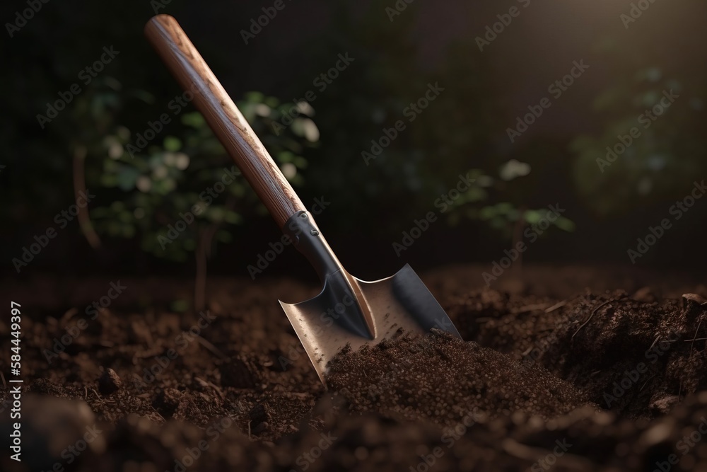  a shovel and a shovel stuck in the ground in the dirt with a tree in the background in the evening 