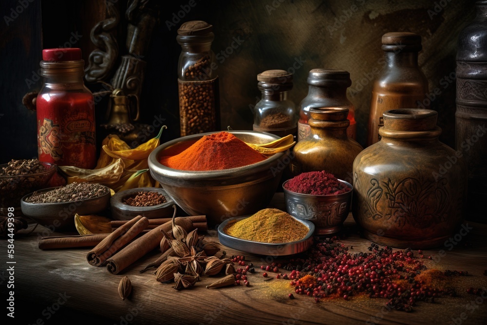  a table topped with lots of different types of spices next to jars and containers of food on top of