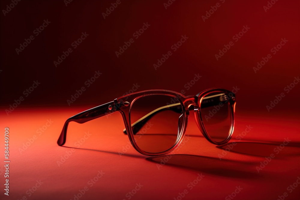  a pair of glasses sitting on a red surface with a red light in the back ground behind it and a red 