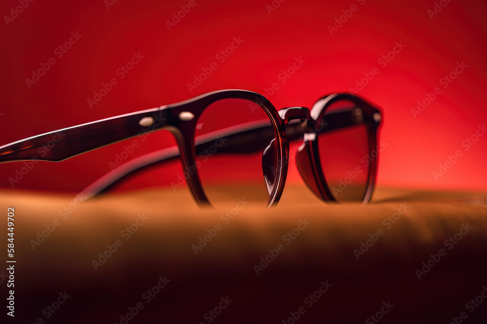  a pair of glasses sitting on top of a wooden table next to a red wall with a red light in the middl