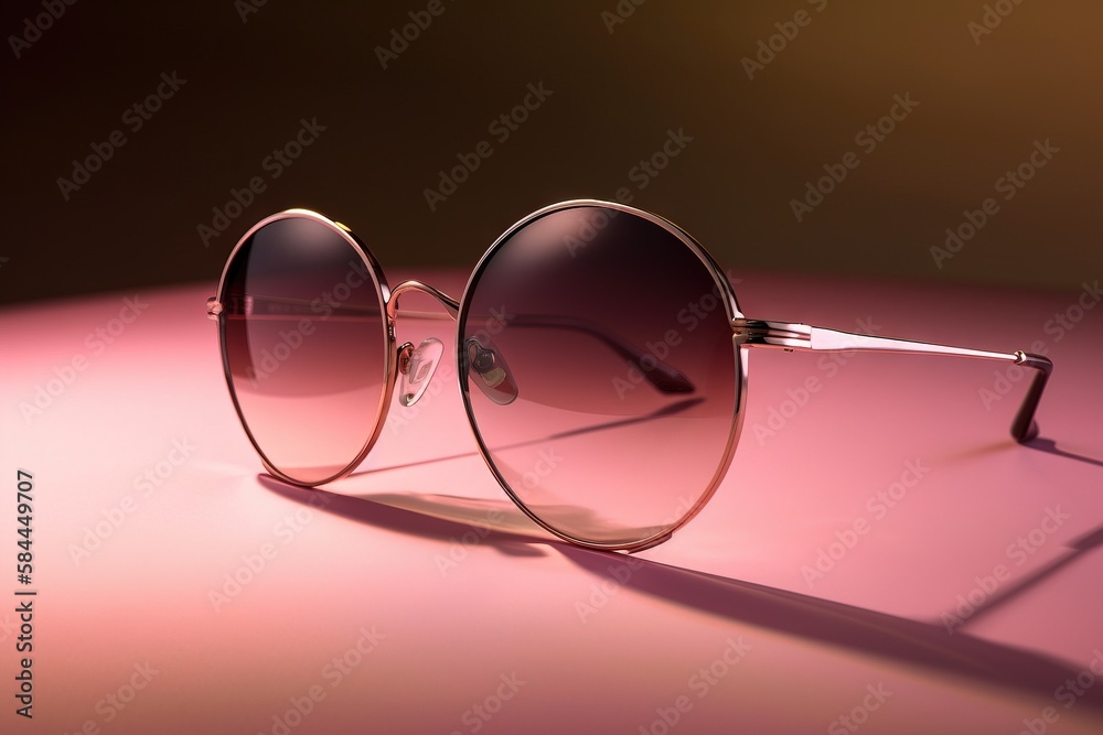  a pair of sunglasses sitting on top of a pink table next to a shadow of a persons face on a pink s