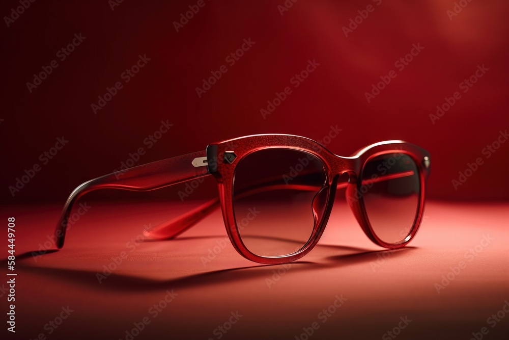  a pair of red glasses sitting on a red surface next to a red wall with a red light behind it and a 