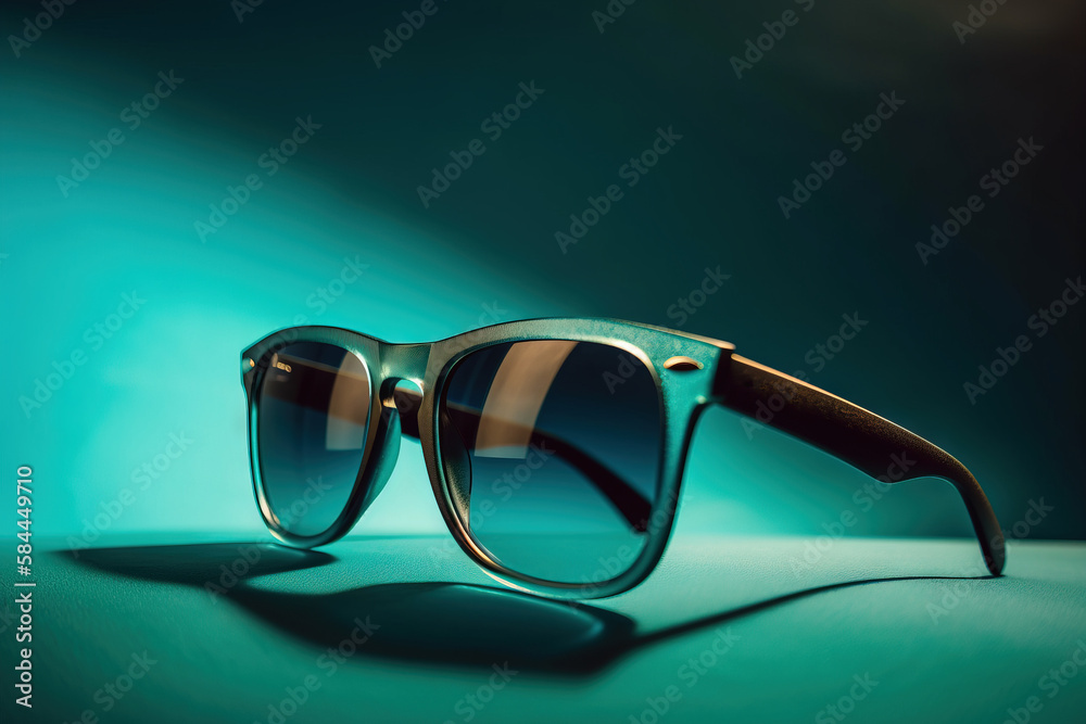  a pair of sunglasses sitting on top of a blue table next to a green wall with a shadow of a person