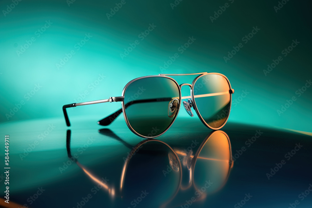  a pair of sunglasses sitting on top of a blue table next to a green wall with a reflection of the s