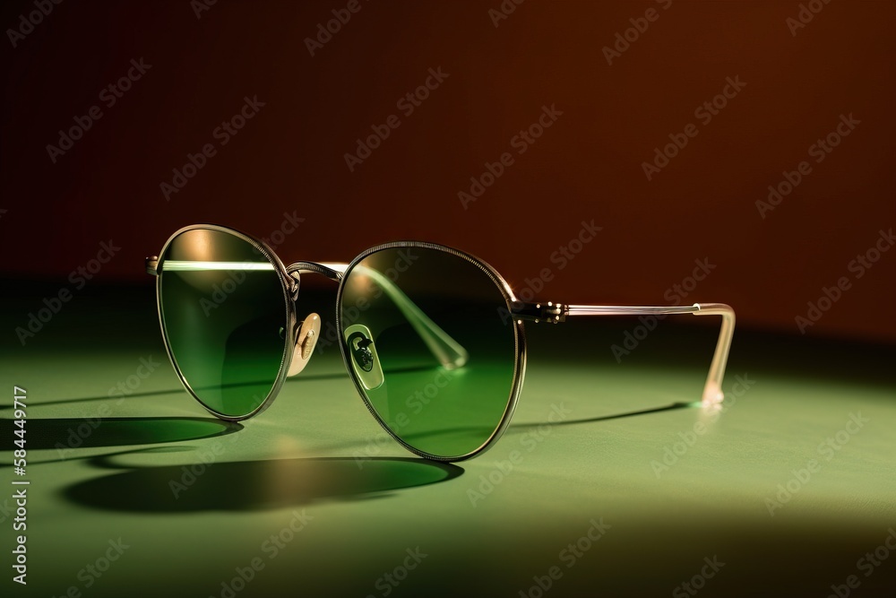  a pair of sunglasses sitting on top of a green table next to a red wall with a shadow of a persons