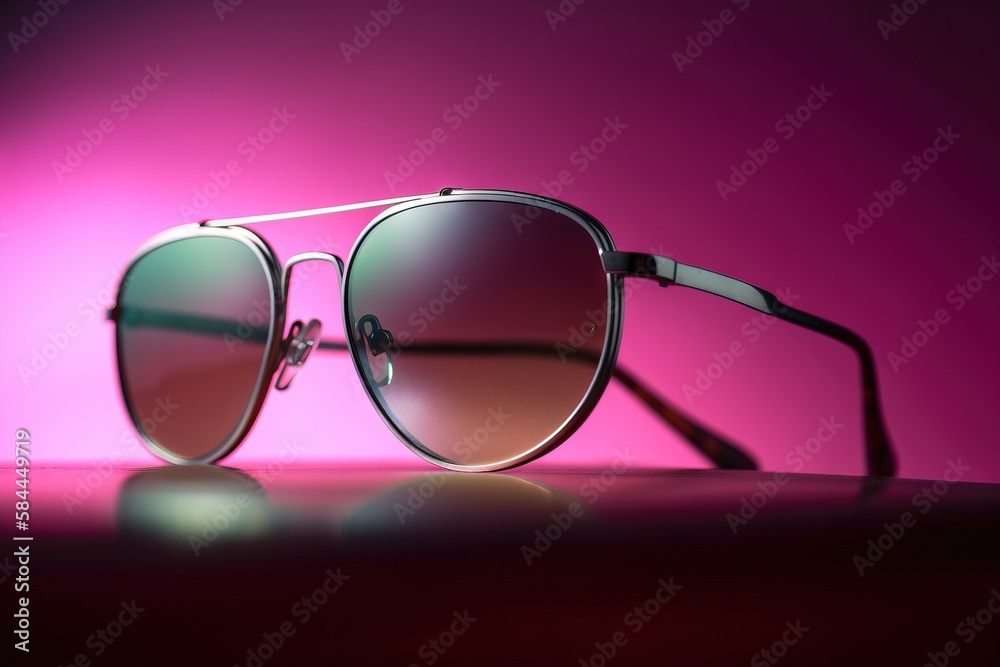  a pair of sunglasses sitting on top of a pink table next to a pink wall with a reflection of the su