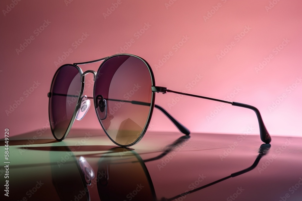  a pair of sunglasses sitting on top of a shiny surface next to a pink wall with a reflection of the