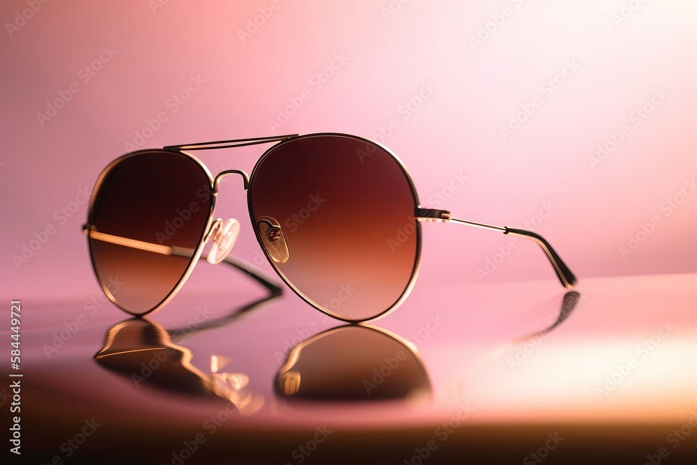  a pair of sunglasses sitting on top of a shiny surface with a pink light in the back ground behind 