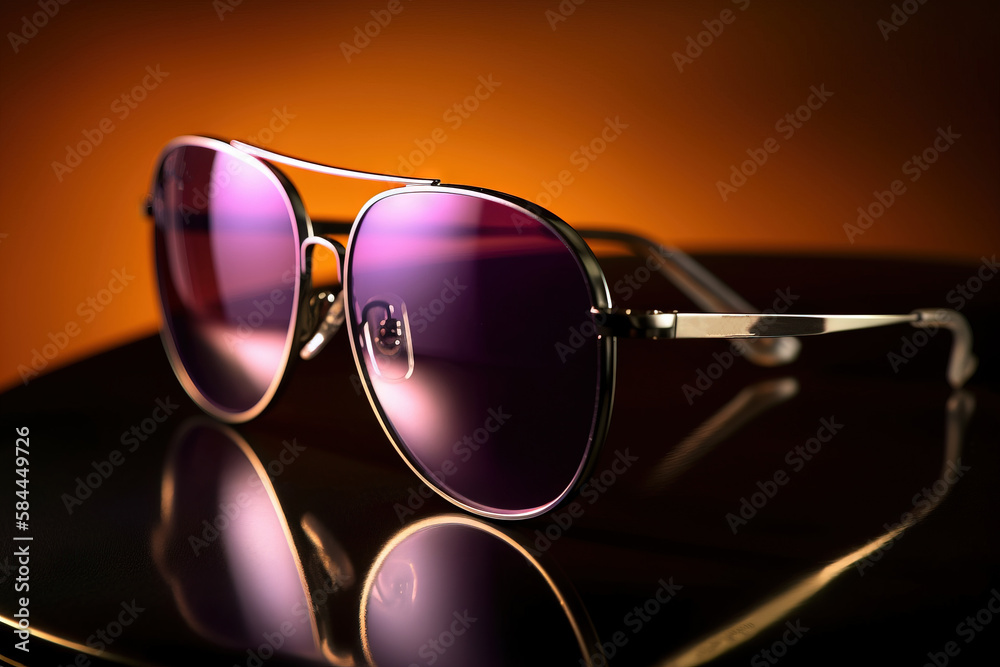  a pair of sunglasses sitting on top of a black table next to a brown wall with a reflection of the 