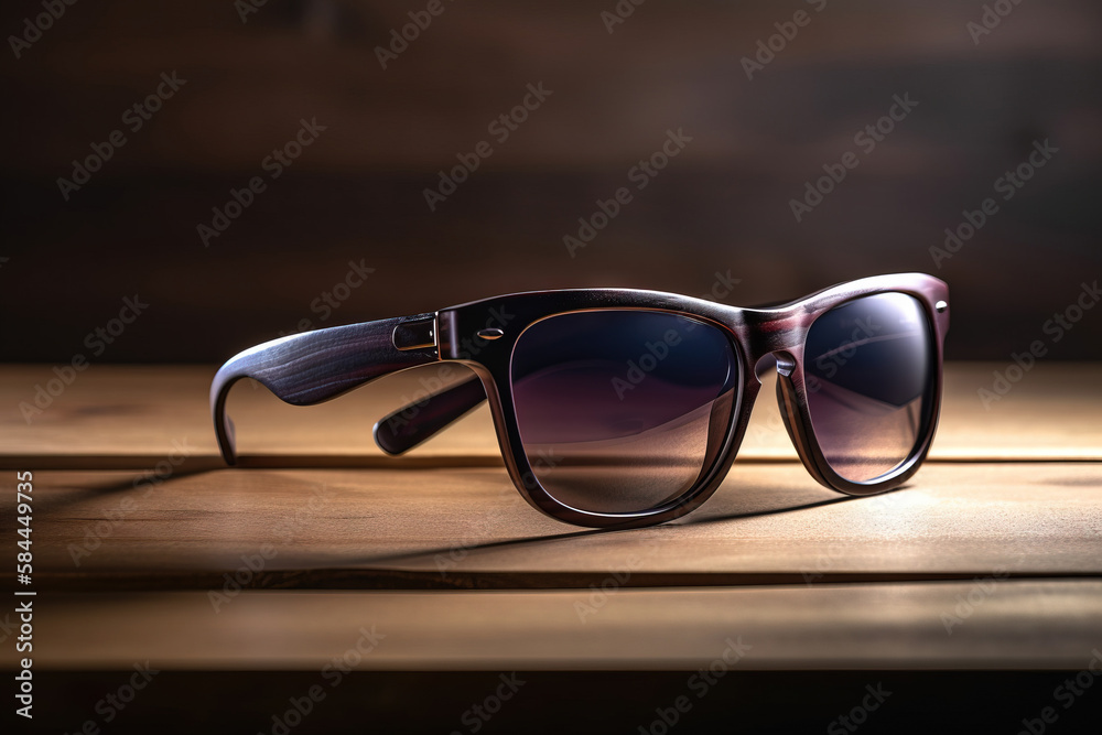  a pair of sunglasses sitting on top of a wooden table next to a window sill with a wooden frame and