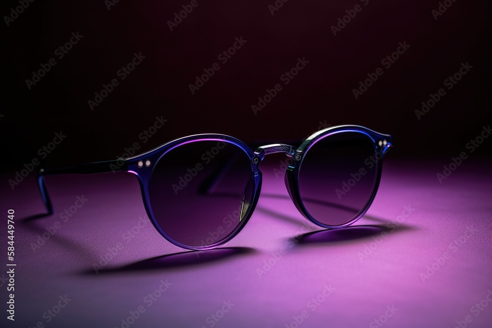  a pair of sunglasses sitting on top of a purple table next to a black wall with a shadow of a pair 