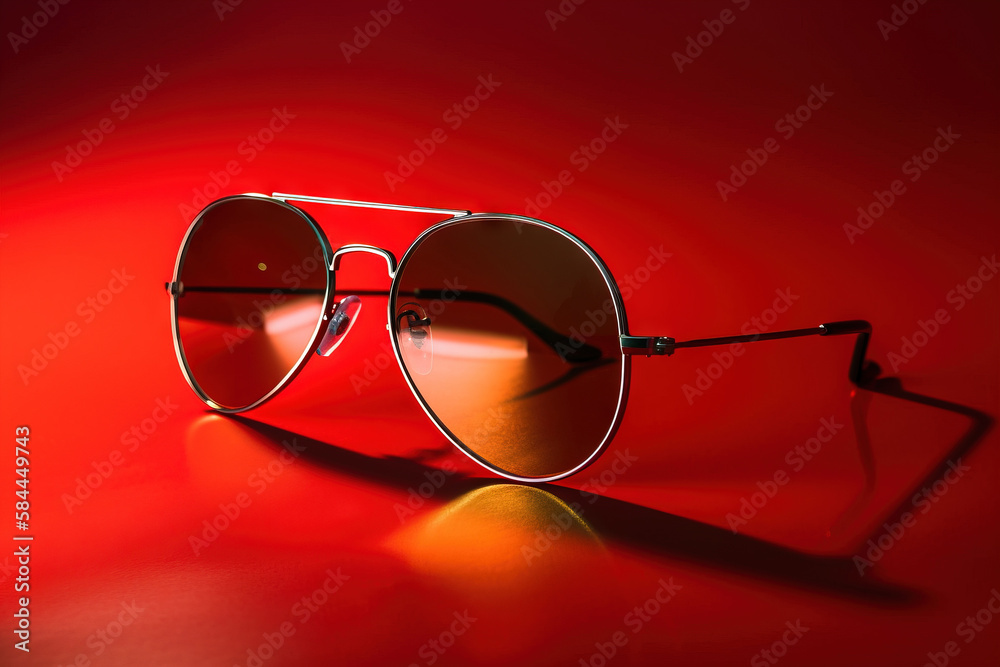  a pair of sunglasses sitting on a red surface with a red light in the back ground and a red light i