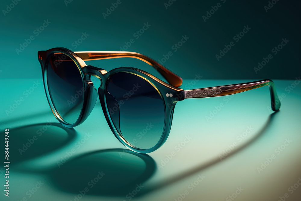  a pair of sunglasses sitting on top of a blue surface with a shadow on the ground behind it and a s