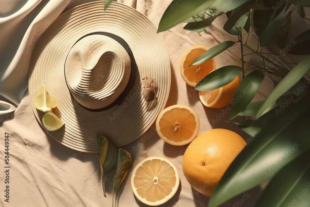  a hat, lemons, and leaves on a bed with a white sheet and a green plant in the corner of the photo,