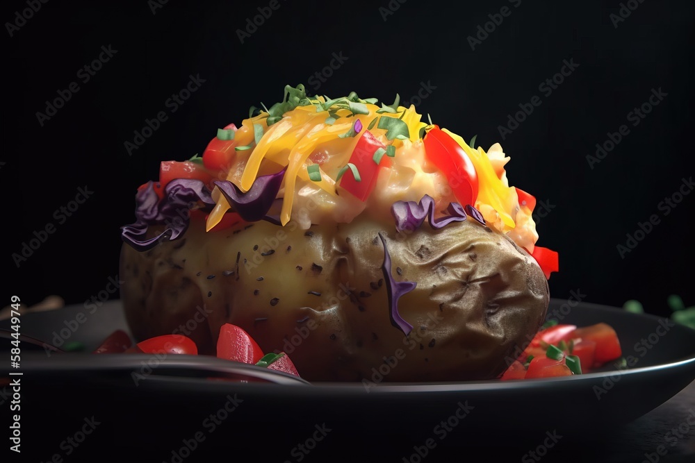  a potato covered in colorful toppings on a black plate with a fork on the side of the plate and a b