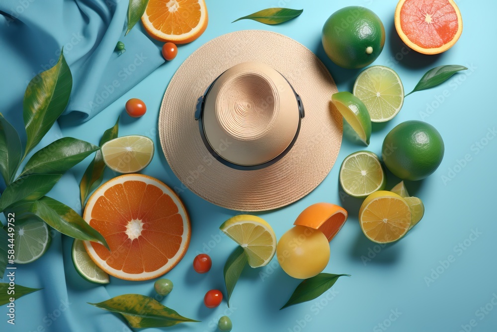  a hat, oranges, limes, and limes on a blue surface with leaves and fruit around it on a blue backgr