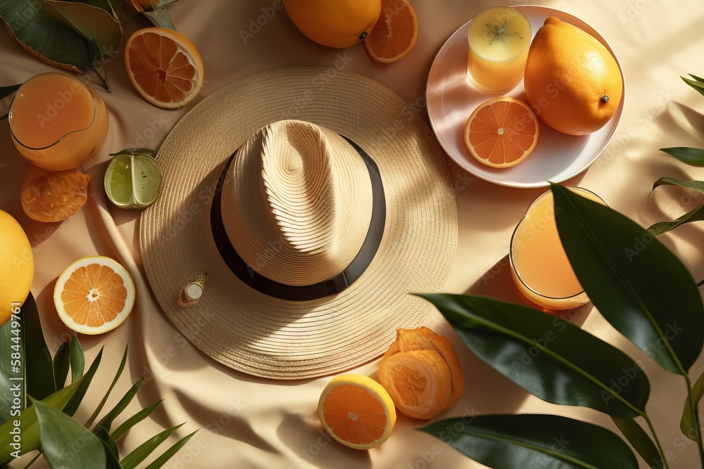  a straw hat surrounded by oranges and other citrus fruit on a table with leaves and a plate of oran