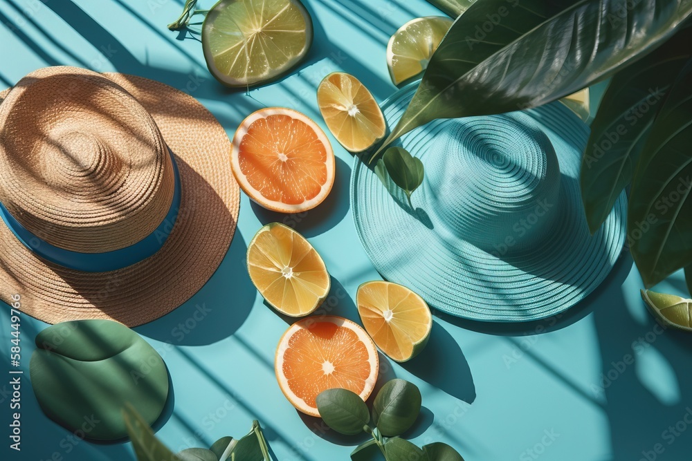  a hat, oranges, and leaves on a blue surface with a shadow from the sun shining on the top of the h