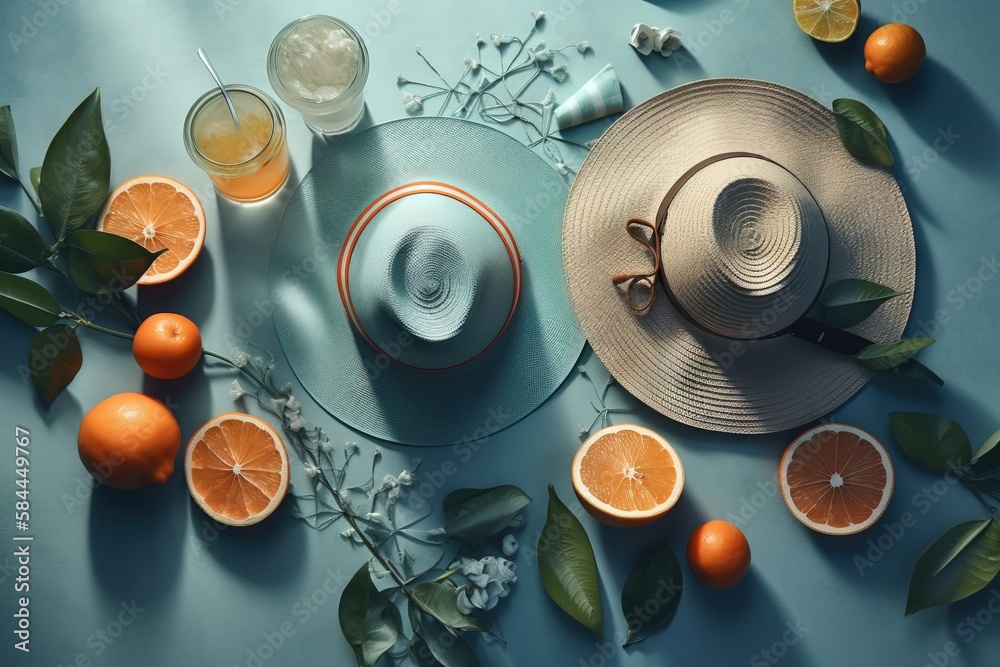  a hat, oranges, and a glass of orange juice on a blue tablecloth with leaves and flowers on it and 