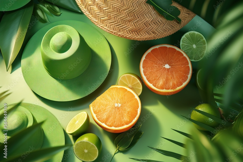  a close up of oranges and limes on a green surface with a straw hat on top of it and a straw hat on