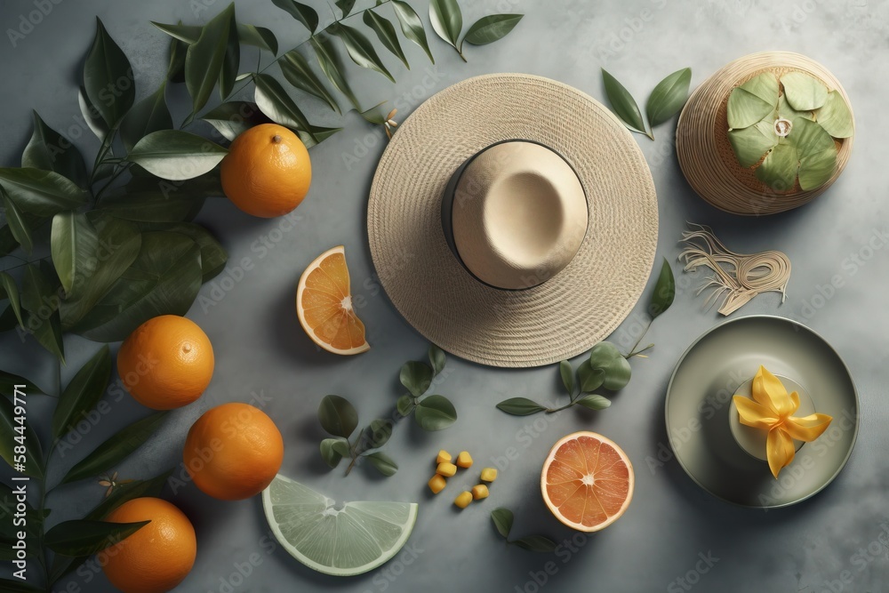  a hat, oranges, and a plate with leaves on a gray surface with a green leafy plant in the corner of