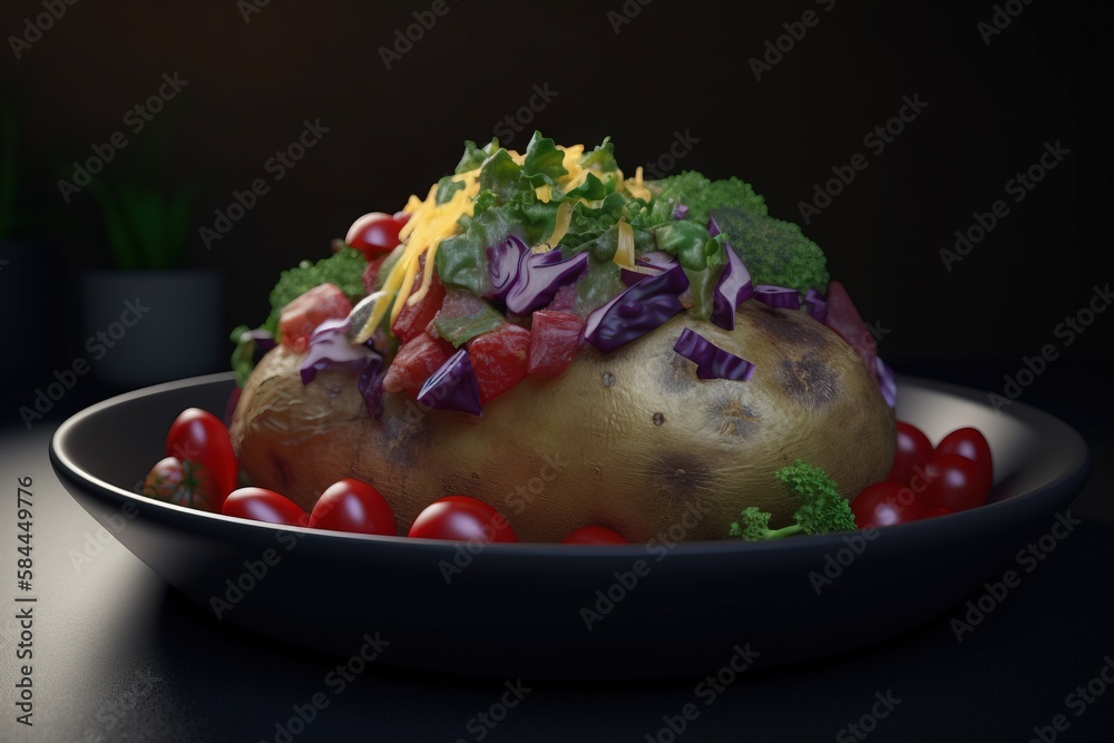  a plate of food with vegetables on it on a black tablecloth with a potted plant in the background a