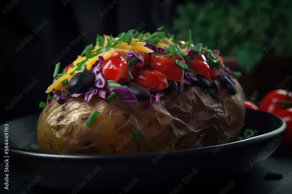  a bowl of food that is sitting on a table next to tomatoes and other vegetables on a black plate wi