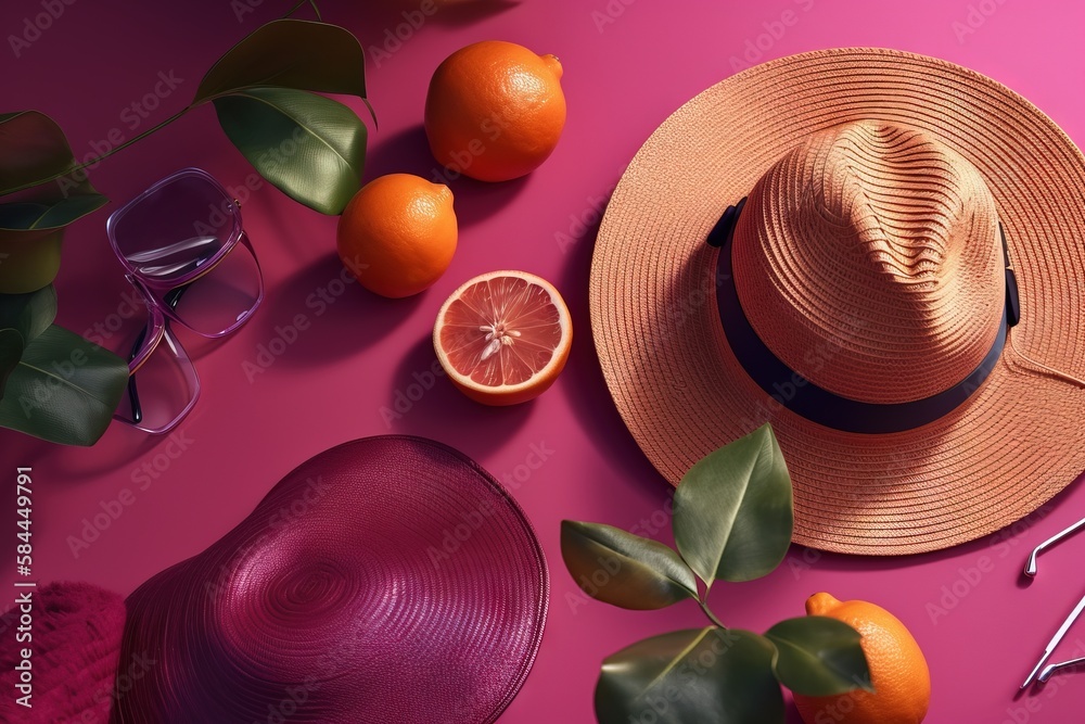  a hat, sunglasses, and oranges on a pink surface with leaves and a pair of sunglasses on top of the