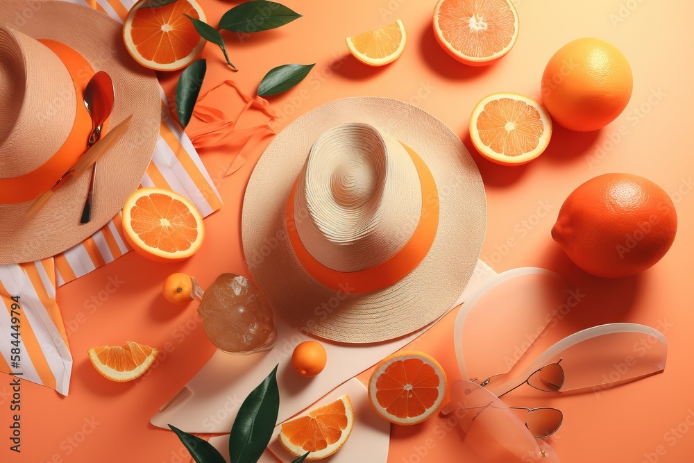  a hat, orange slices, and a pair of sunglasses on a pink surface with leaves and oranges around it 