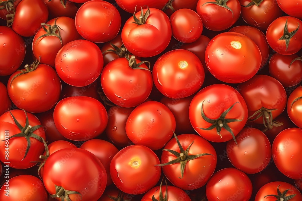  a large group of red tomatoes with green stems on top of each one, all in the same pattern, with a 