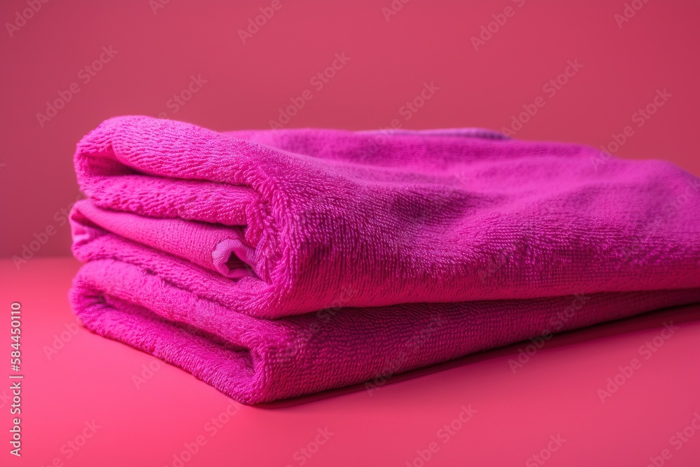  a stack of pink towels sitting on top of a pink tablecloth on top of a pink table cloth on top of a