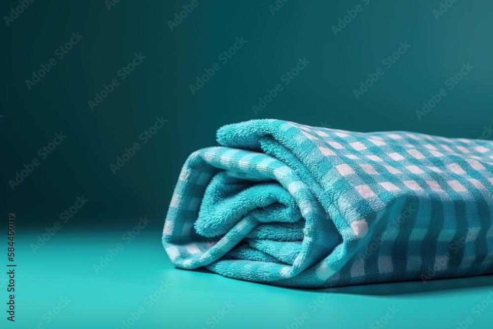  a blue and white checkered blanket laying on a green tablecloth on a blue surface with a black back