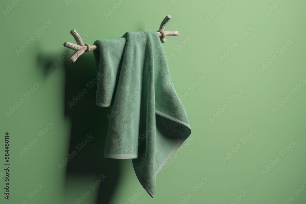  a green towel hanging on a hook on a green wall next to a toothbrush and toothpaste holder with a t