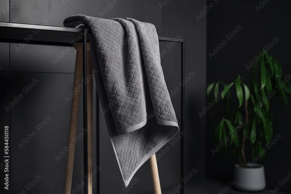  a towel hanging on a rack next to a potted plant in a dark room with a potted plant in the corner o