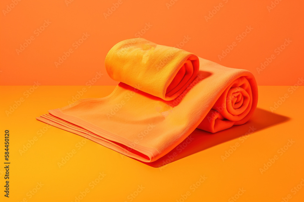  two orange towels folded on top of each other on an orange surface with a yellow background that ha