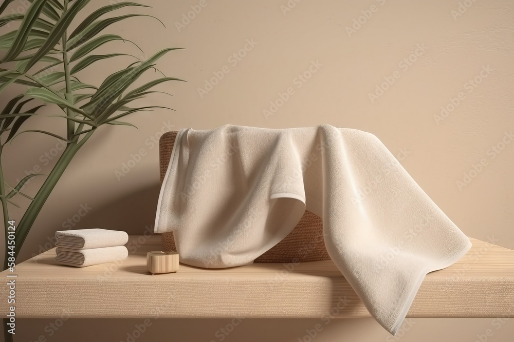  a white towel and a wooden block on a shelf next to a potted plant and a potted plant on a shelf wi