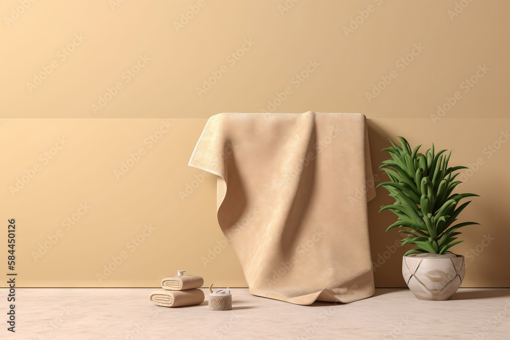  a towel and a potted plant on a counter top next to a wall with a beige background and a beige wall