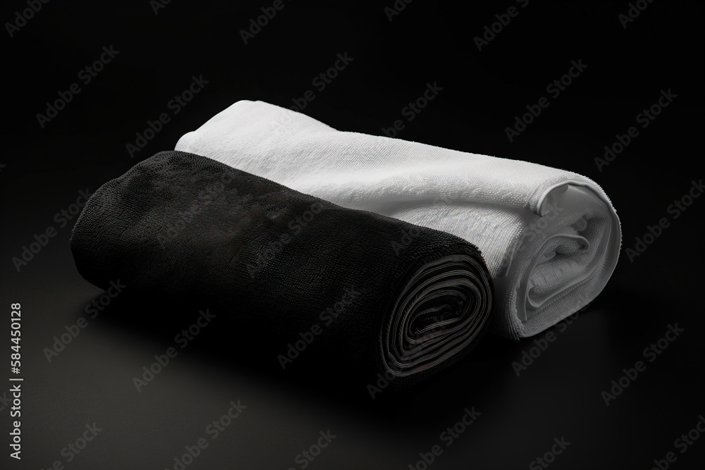  a black towel and a white towel on a black surface with a white towel on top of it and a white towe