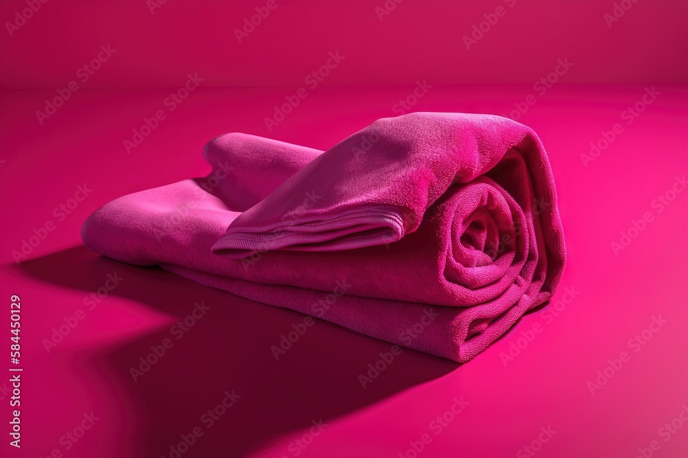  a pink towel folded up on a pink surface with a bright pink light in the backround of the image and