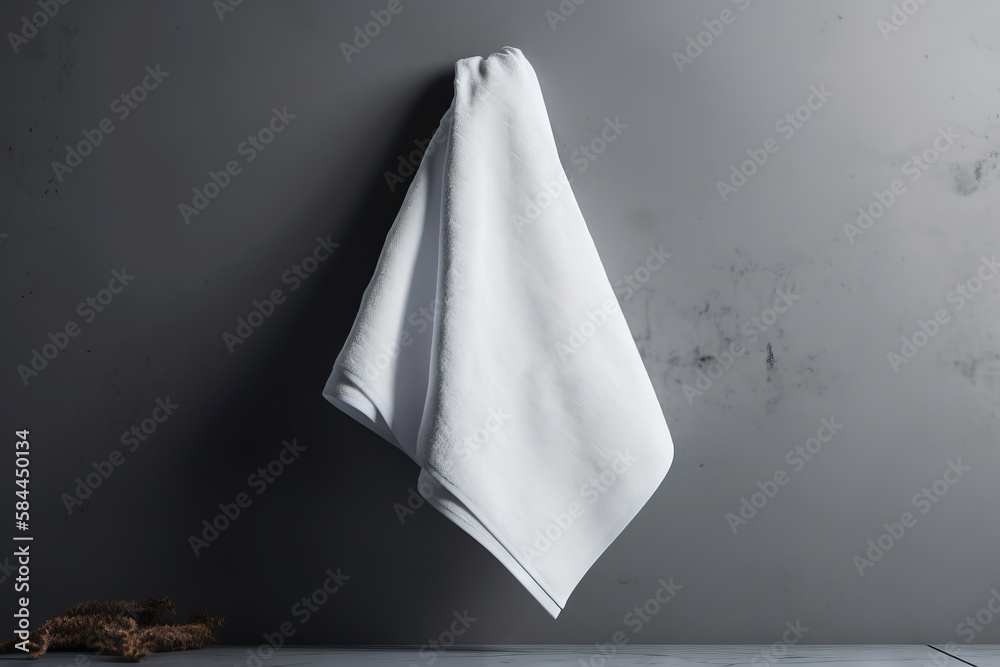  a white towel hanging on the wall next to a brown object on the floor of a room with a gray wall an