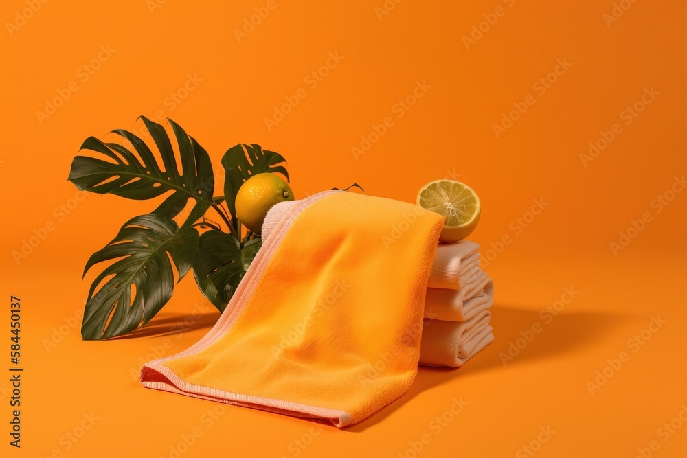  a towel, lemons, and a plant on an orange background with a green plant in the corner of the photo 