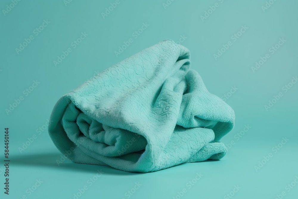  a blue blanket folded on top of a green tablecloth on a blue background with a shadow of the blanke