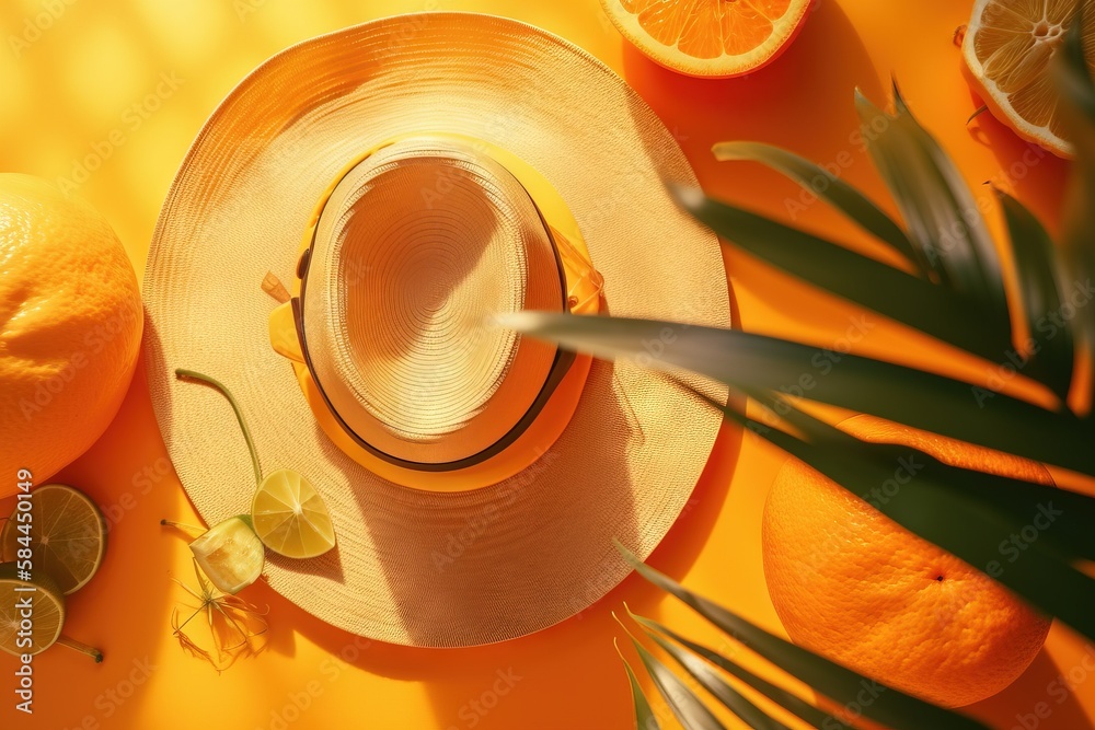  a hat, oranges, and a palm leaf on a yellow background with a palm leaf on the left side of the hat