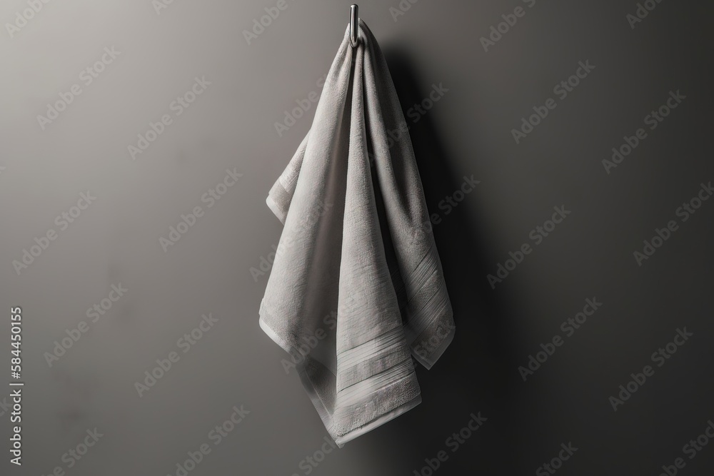  a white towel hanging on a hook on a gray wall with a white towel hanging on the hook on a gray wal