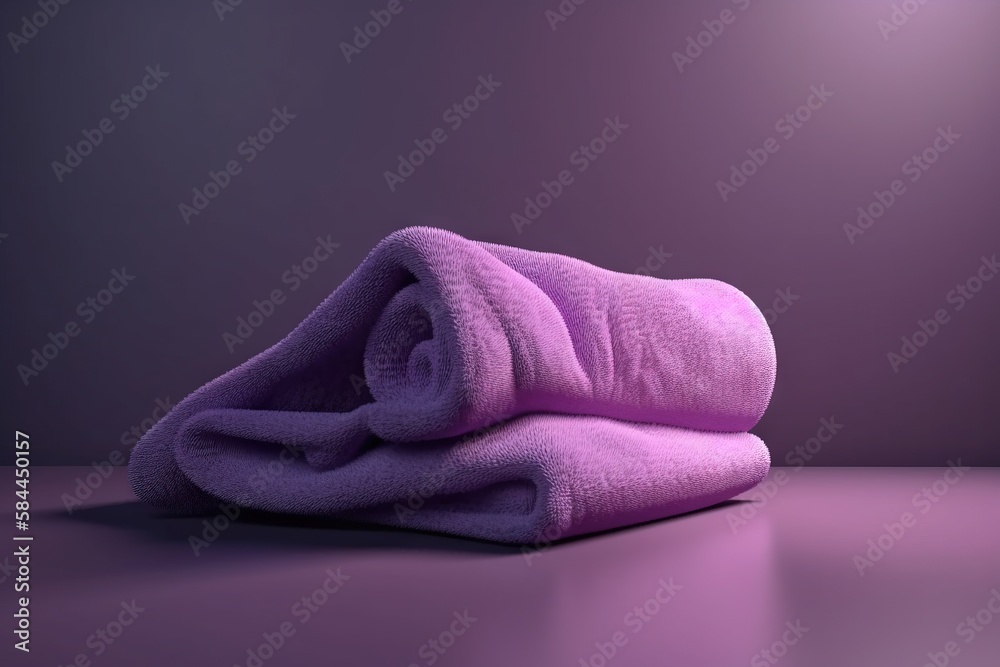  a purple towel is folded on a purple surface with a light in the background and a spot of light on 