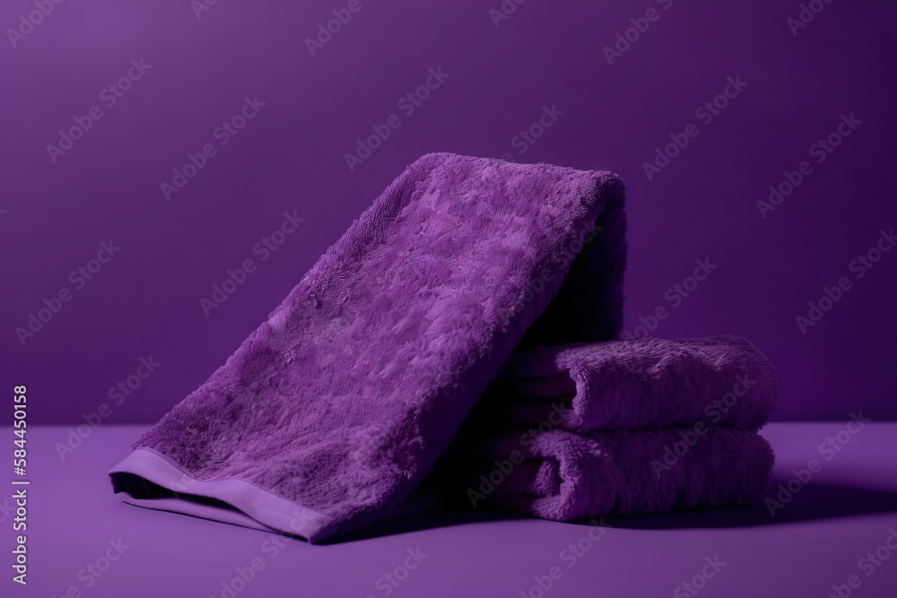  a stack of purple towels sitting on top of a purple tablecloth on a purple surface with the word mc