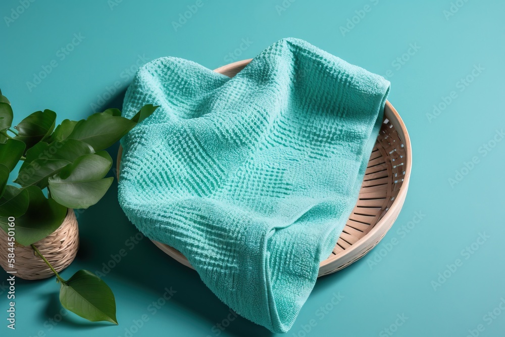  a basket with a towel and a potted plant on a blue background with a green towel on top of it and a