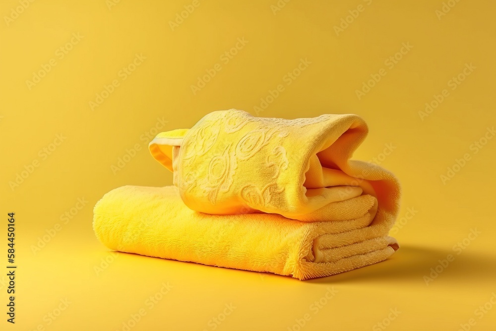  a stack of yellow towels sitting on top of a yellow tablecloth on a yellow background with a yellow