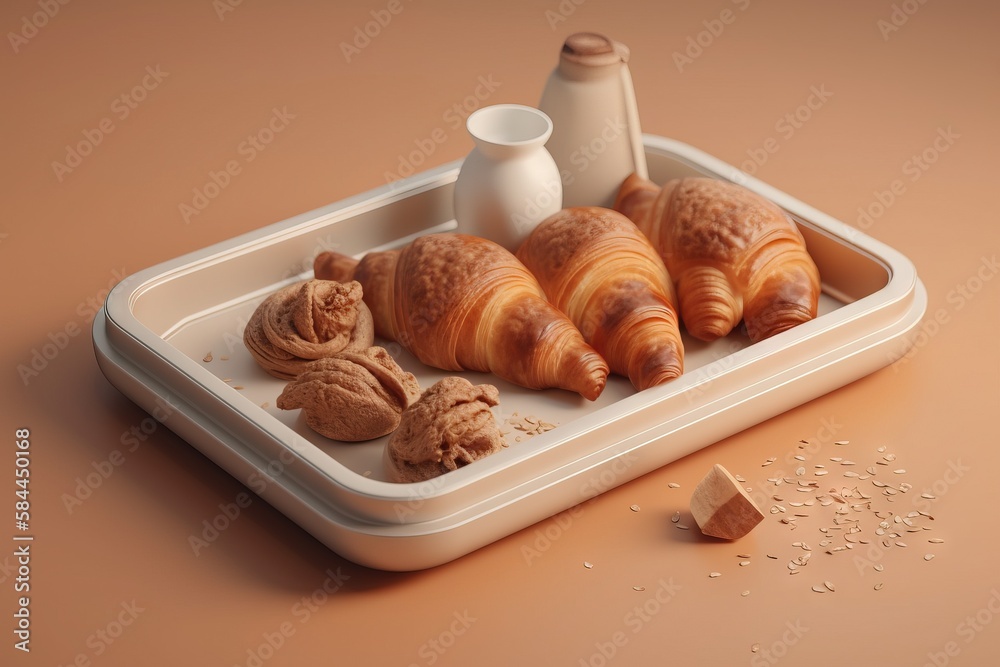  a tray with some croissants and a bottle of milk on top of it and some nuts on the bottom of the tr