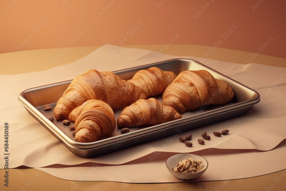  a tray of croissants sitting on top of a table next to a bowl of nuts and a spoon of nuts on a piec